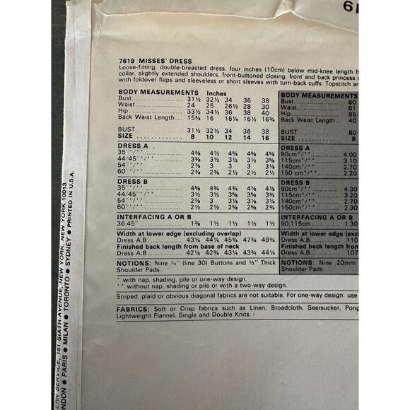 Vogue Patterns Vintage Cut Misses Dress Size 14 Pattern No 7619 - Picture 5 of 8